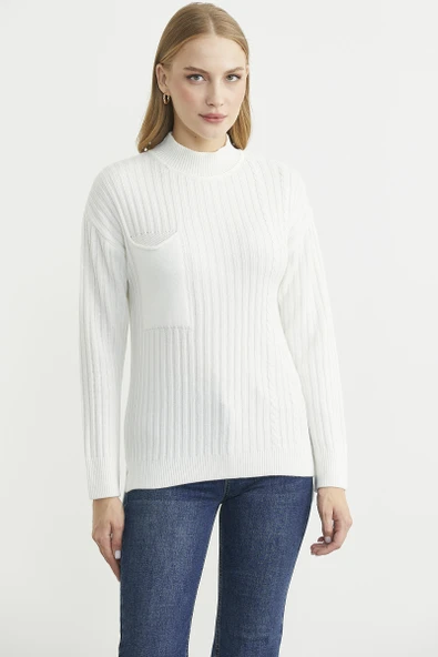 Dik Yaka Cep Detaylı Triko Kazak - Kemik - Resim 2