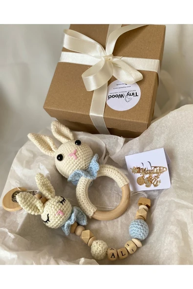 Hoşgeldin Bebek Hediyelik, Erkek, Yenidoğan Bebek Isimli Emzik Askısı Hediye Seti, Diş Kaşıyıcı - Resim 2