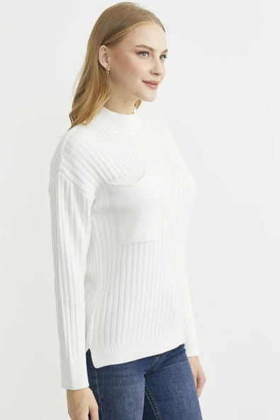 Dik Yaka Cep Detaylı Triko Kazak - Kemik - Resim 5