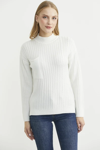 Dik Yaka Cep Detaylı Triko Kazak - Kemik ürün görseli 1