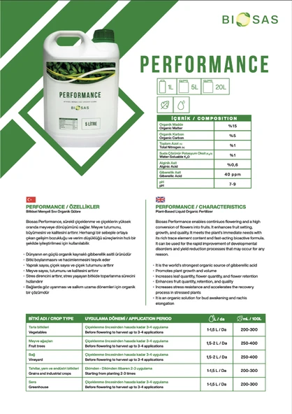 Biosas PERFORMANCE 5 LT Bitkisel Menşeli Sıvı Organik Gübre - Resim 2