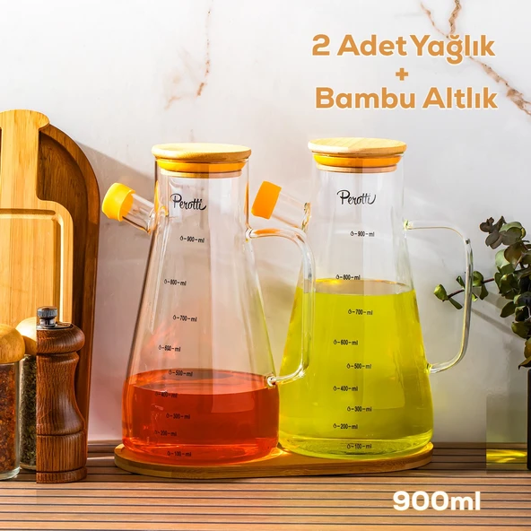 Perotti Gael Bambu Standlı Borosilikat Cam Yağlık Sirkelik Bambu Kapaklı Yağdanlık 900+900 ml - 16532 ürün görseli 1