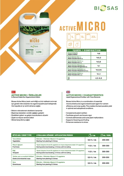 Biosas Active Micro 5 LT İz Element Katkılı Orgamineral Gübre - Resim 2