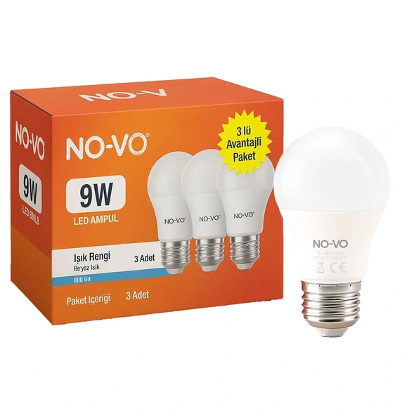 NO-VO 3LÜ AVANTAJ PAKET 9W BEYAZ LED AMPUL E27 806LM 6500K 15.000 SAAT ÖMÜR (5365) ürün görseli 1