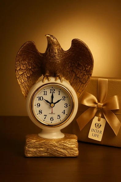 Çalışma Alanınıza Şıklık Katan Güçlü İhtişamlı Beyaz - Altın Renkli Kartal Masa Saati Biblo 21x13 Cm - Resim 2