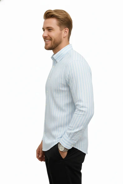 DeepSEA Erkek Çizgili Gofre Kumaş Dar Kesim Gömlek – Şık, Modern ve Rahat Gömlek 2501317 - Resim 2