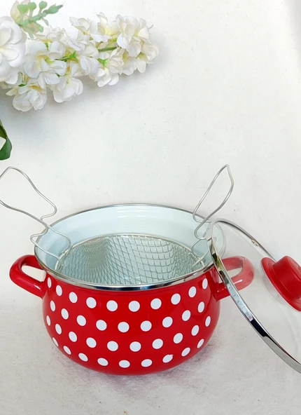 Orta  boy kırmızı puantiyeli emaye kızartma süt yoğurt tenceresi 20 cm 3 litre ürün görseli 1