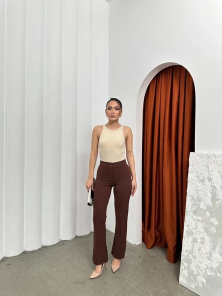 Düğmeli Palazzo pantolon kahve p170091 - Resim 3