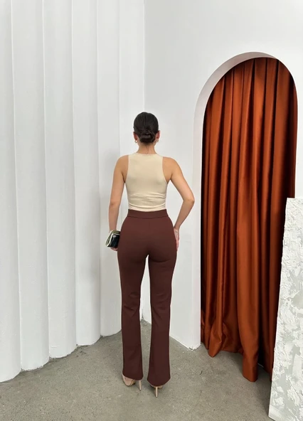 Düğmeli Palazzo pantolon kahve p170091 - Resim 2