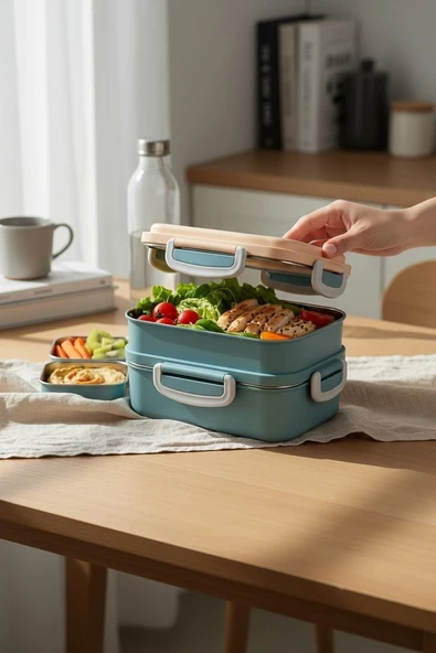 kulplu çelik sefer tası - yemek termosu saklama kabı 2 katlı 400+450=850ml.yeşil ürün görseli 1