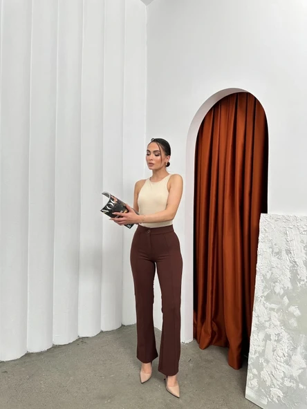 Düğmeli Palazzo pantolon kahve p170091 - Resim 5