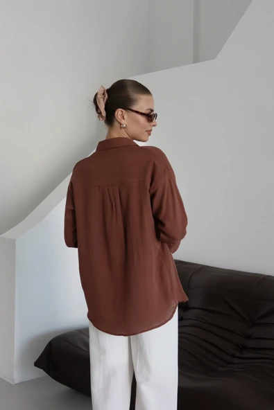 Tek cepli müslin gömlek kahve pt - Resim 8