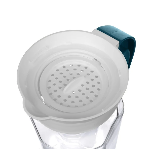 Kapaklı sügeçli cam detox su şişesi 1500 ml.cam sürahi lacivert - Resim 3