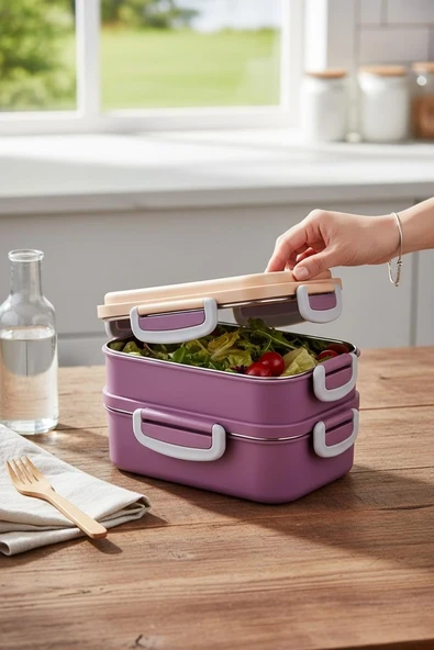 beslenme kabı çelik sefer tası - yemek termosu saklama kabı 2 katlı 400+450=850ml. ürün görseli 1