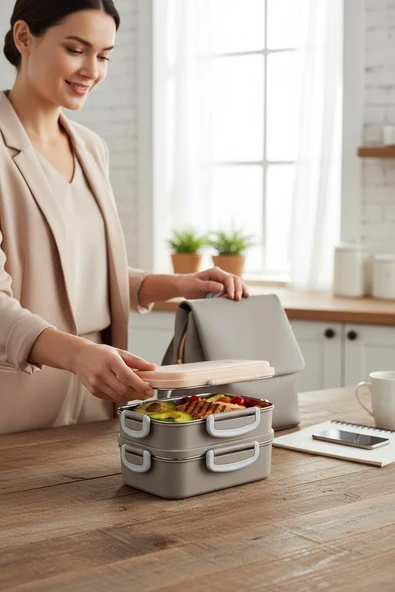 beslenme kabı çelik sefer tası - yemek termosu saklama kabı 2 katlı 400+450=850ml. ürün görseli 1