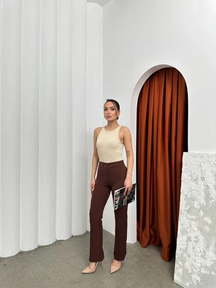 Düğmeli Palazzo Pantolon Kahve P170091 - Resim 5