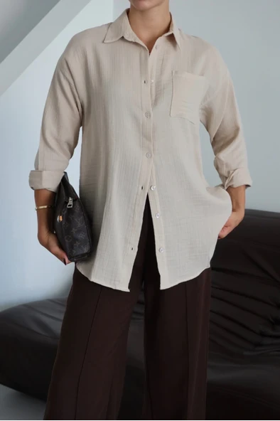 Tek cepli müslin gömlek bej pt ürün görseli 1