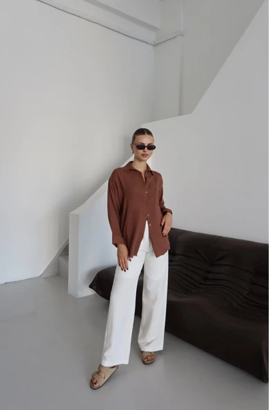 Tek cepli müslin gömlek kahve pt - Resim 7