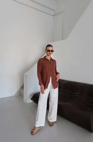 Tek cepli müslin gömlek kahve pt - Resim 3