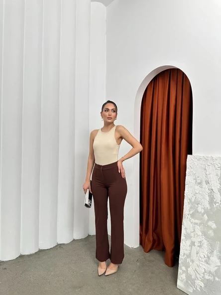 Düğmeli Palazzo Pantolon Kahve P170091 - Resim 3