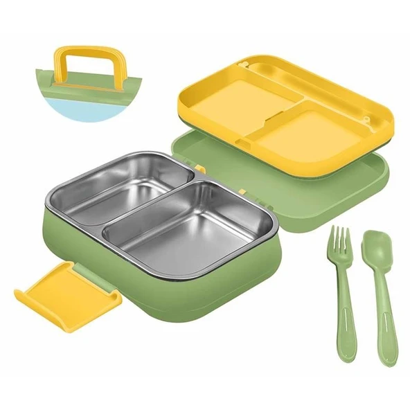 beslenme kabı çelik sefer tası - yemek termosu saklama kabı 1030ml.2 bölmeli kulplu ürün görseli 1