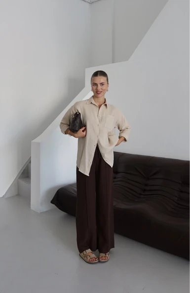 Tek cepli müslin gömlek bej pt - Resim 5