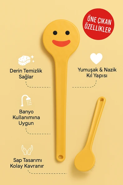 Emoji Baskılı Uzun Saplı Kese Fırçası – Sırt Banyo Temizleme ve Peeling Masaj Fırçası - Resim 5