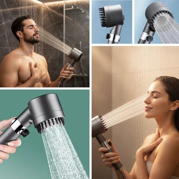 3 Kademeli Turbo Basınçlı Masaj Başlıklı Silikon Fırçalı Duş Başlığı – Yüksek Basınçlı Su Tasarruflu Duş Başlığı (5314) - Resim 3