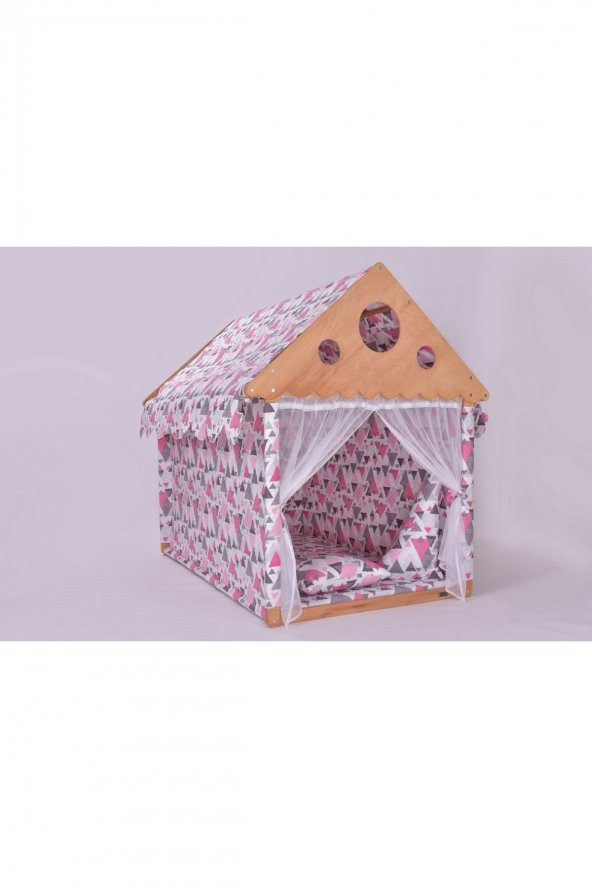 Yataklı Dikdörtgen Çocuk Oyun ve Uyku Evi (Çadır) / Küçük Pembe Üçgenler (Little Triangles Pink)