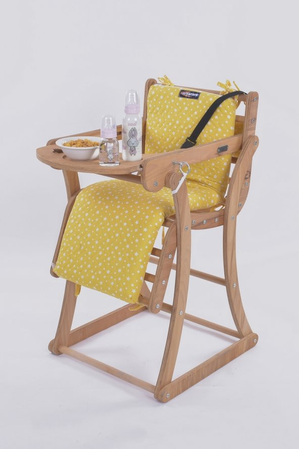 Mama Sandalyesi, Doğal Ahşap Sürgülü Tepsili / Sarı Yıldızlar (Little Stars Yellow)