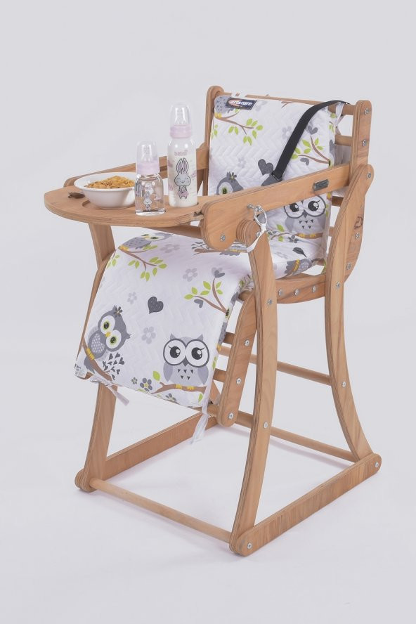 Mama Sandalyesi, Doğal Ahşap Sürgülü Tepsili / Gri Baykuş (Dreamy Owls)