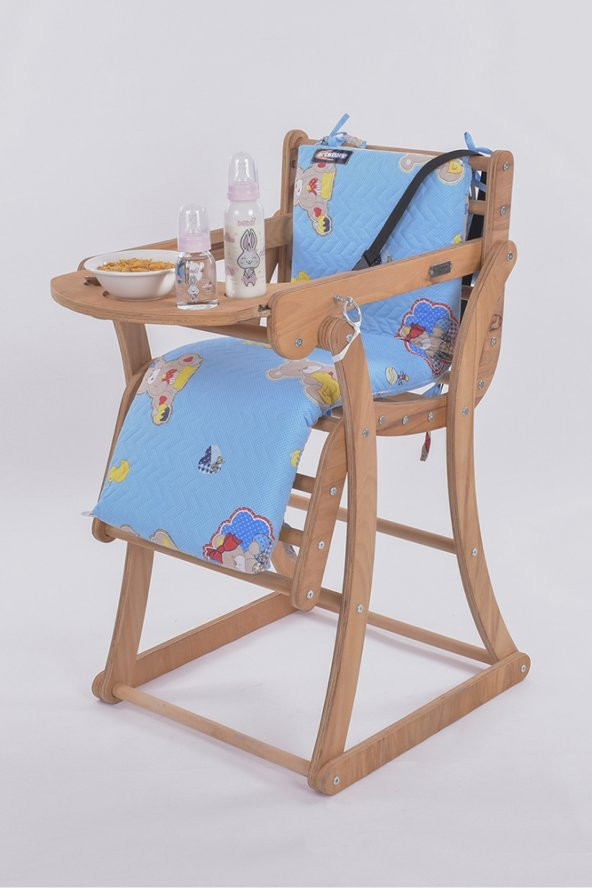 Mama Sandalyesi, Doğal Ahşap Sürgülü Tepsili / Yavru Ayıcık Mavi Zeminli (Rescal Cub Blue)