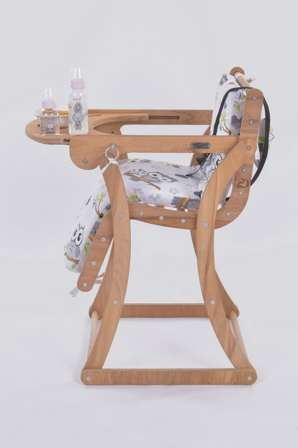 Mama Sandalyesi, Doğal Ahşap Sürgülü Tepsili / Gri Baykuş (Dreamy Owls) - 2