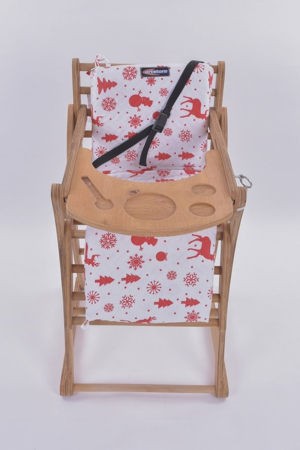 Mama Sandalyesi, Doğal Ahşap Sürgülü Tepsili / Kırmızı Kar Tanesi (Christmas Miracle Red) - 4