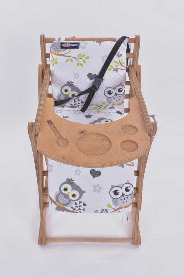 Mama Sandalyesi, Doğal Ahşap Sürgülü Tepsili / Gri Baykuş (Dreamy Owls) - 4