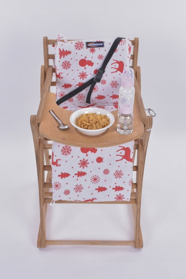 Mama Sandalyesi, Doğal Ahşap Sürgülü Tepsili / Kırmızı Kar Tanesi (Christmas Miracle Red) - 5