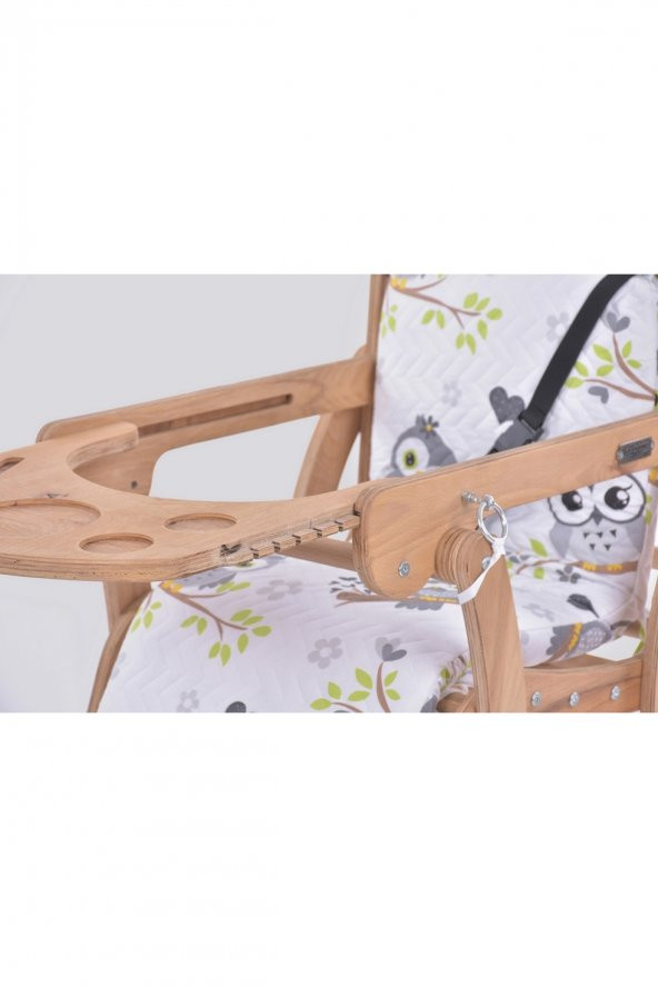 Mama Sandalyesi, Doğal Ahşap Sürgülü Tepsili / Gri Baykuş (Dreamy Owls) - 6
