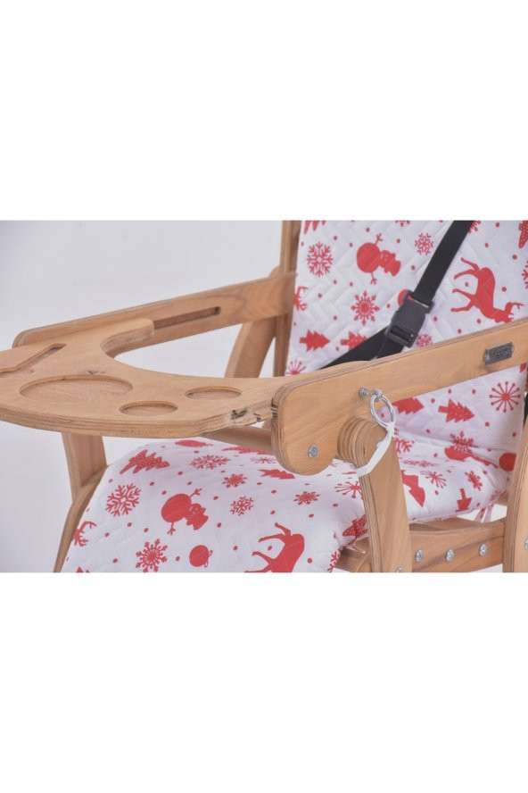 Mama Sandalyesi, Doğal Ahşap Sürgülü Tepsili / Kırmızı Kar Tanesi (Christmas Miracle Red) - 6