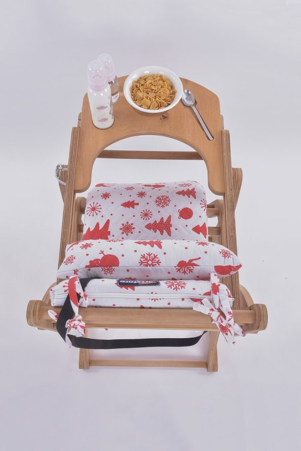 Mama Sandalyesi, Doğal Ahşap Sürgülü Tepsili / Kırmızı Kar Tanesi (Christmas Miracle Red) - 7
