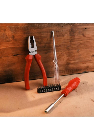 Work It 13 Parça Pense ve Vidalama Seti - 180mm Pense + Bits Uç Tutucu + 10 Parça Bits Uç+ Kontrol Kalemi - Resim 4