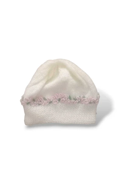 Örme Nakış Çiçek Desenli İnci Boncuk İşlemeli Kadın Ekru Kışlık Bere - Resim 3