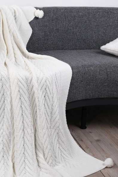 Leyla Triko Örgülü Tv Battaniyesi-4 Ponponlu 130 X 170 Cm - Resim 10