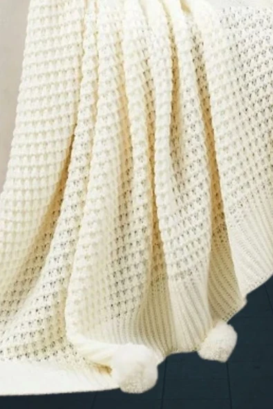 Selanik 10 Ponponlu Triko Örgülü Tv Battaniyesi 130 X 170 Cm - Resim 2