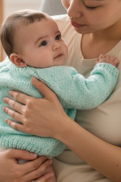 0-1 Yaş Örgü Yeşil Kırçıllı Desen Bebek Hırkası - Resim 2