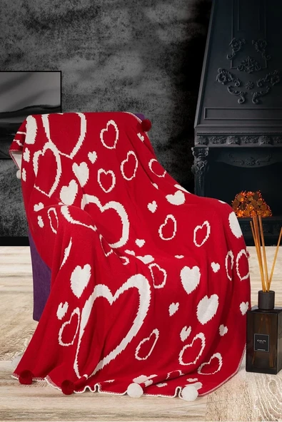 Kalp Triko Örgülü  Tv Battaniyesi 130 X 170 (Kırmızı-Beyaz) - ürün görseli 1