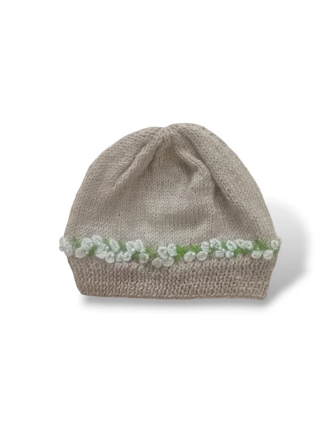 Örme Nakış Çiçek Desenli İnci Boncuk İşlemeli Kadın Kahverengi Kışlık Bere - Resim 4