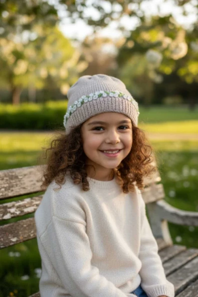 Örme Nakış Çiçek Desenli İnci Boncuk İşlemeli Kadın Kahverengi Kışlık Bere - Resim 3