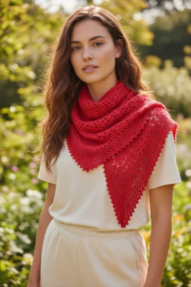 Örgü Desenli Üçgen Kırmızı Püsküllü Omuz Şalı - Resim 2