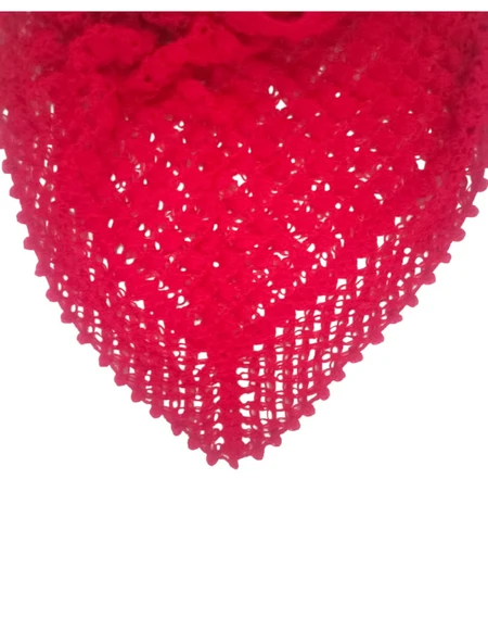 Örgü Desenli Üçgen Kırmızı Püsküllü Omuz Şalı - Resim 4