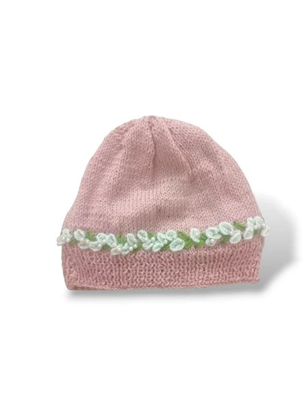 Örme Nakış Çiçek Desenli İnci Boncuk İşlemeli Kadın Pembe Kışlık Bere - Resim 4